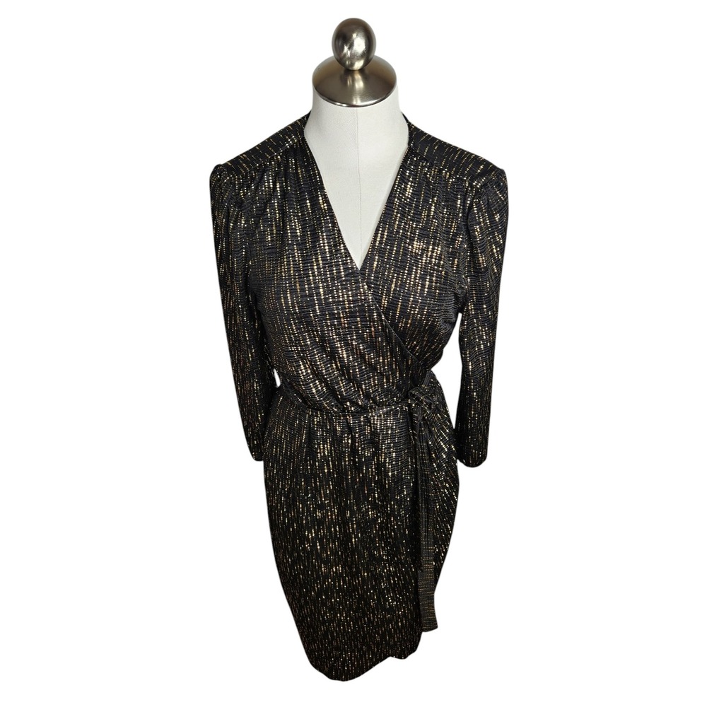 Veronica M Wrap Dress Women XL Black Gold Lame Shimmer Long Sleeve New Years